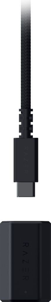 Fekete USB-C kábel fonott mintával és Razer logóval.