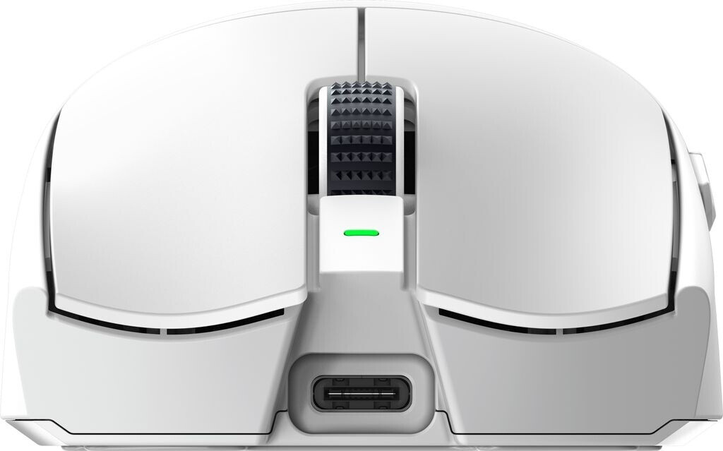 Egy fehér számítógépes egér USB-C porttal és görgővel.