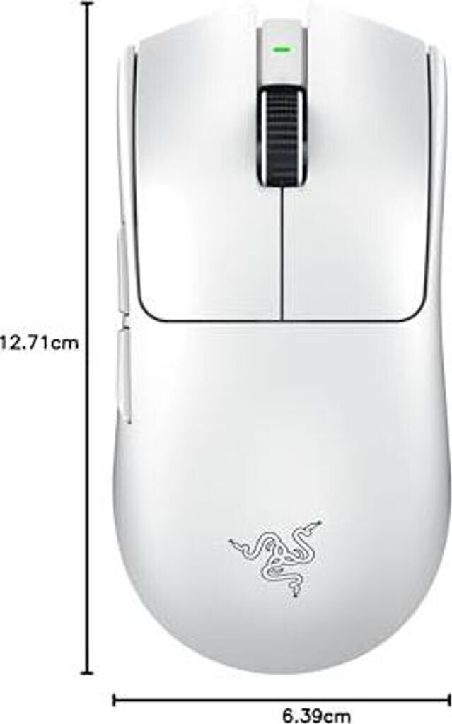 Fehér gamer egér görgetőkerékkel és Razer logóval. Méretek: 12,71 x 6,39 cm.