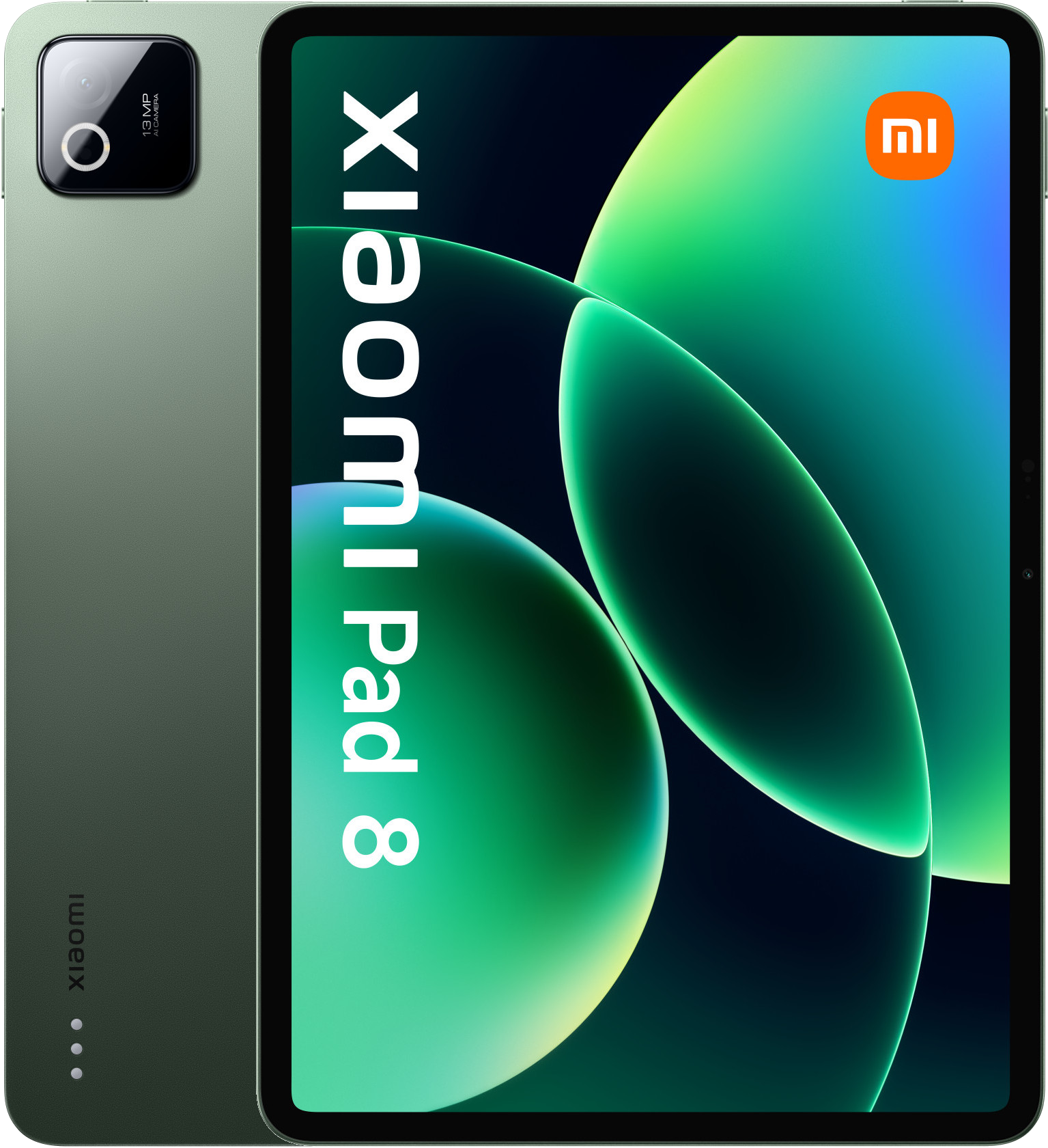Zielony Xiaomi Pad 8 z aparatem 13MP i abstrakcyjnym tłem.