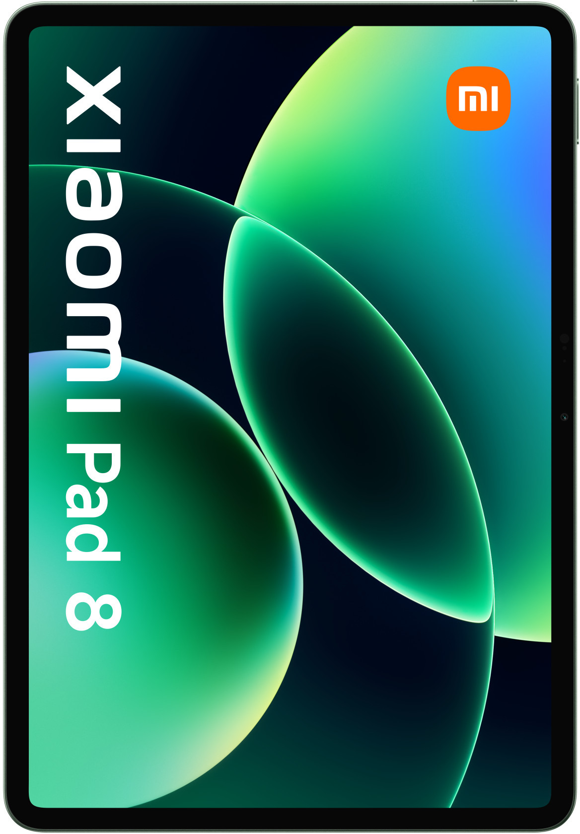 Tablet Xiaomi Pad 8 z zielonym tłem i logo MI.