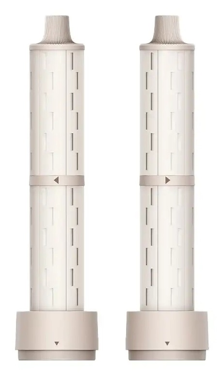 Dwa białe cylindryczne urządzenia z otworami wentylacyjnymi i kremowymi akcentami.