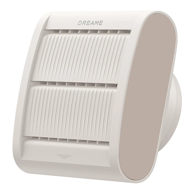 Biała oczyszczacz powietrza z pręgowanym przodem i brązowym panelem.