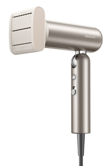 Srebrna suszarka do włosów z białym elementem i przyciskami.
