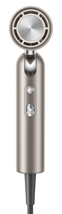 Srebrna suszarka do włosów z okrągłą głowicą i elementami sterującymi na uchwycie.