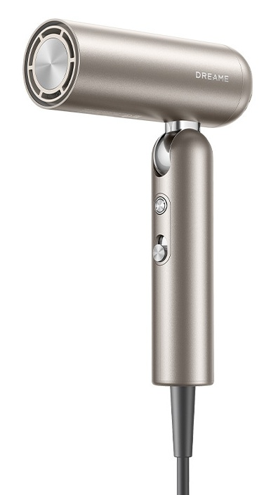 Szara suszarka do włosów z okrągłym wlotem powietrza i przyciskami.