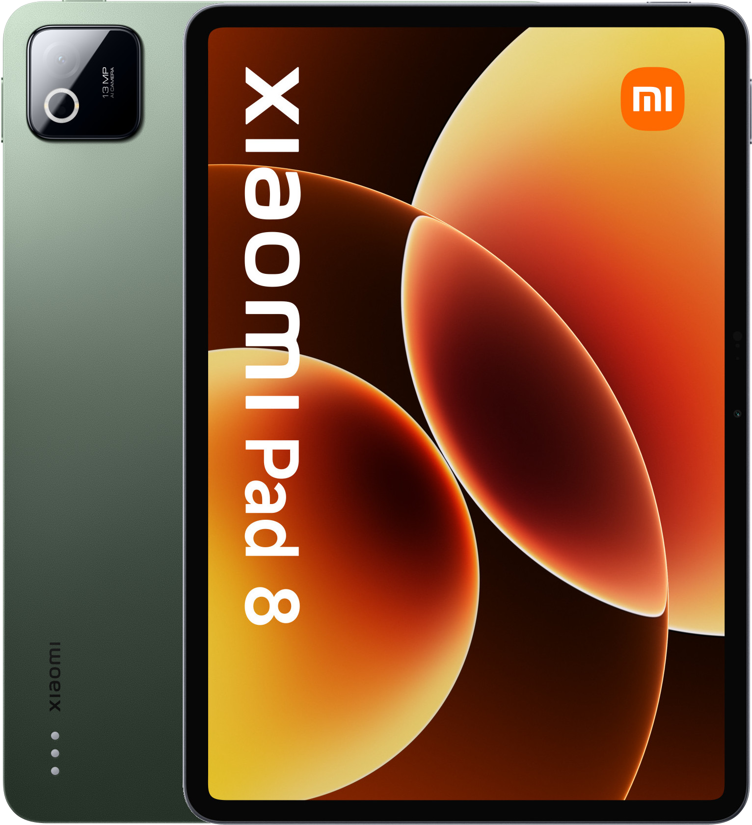 Zielony tablet Xiaomi Pad 8 z aparatem 13MP i abstrakcyjnym tłem.