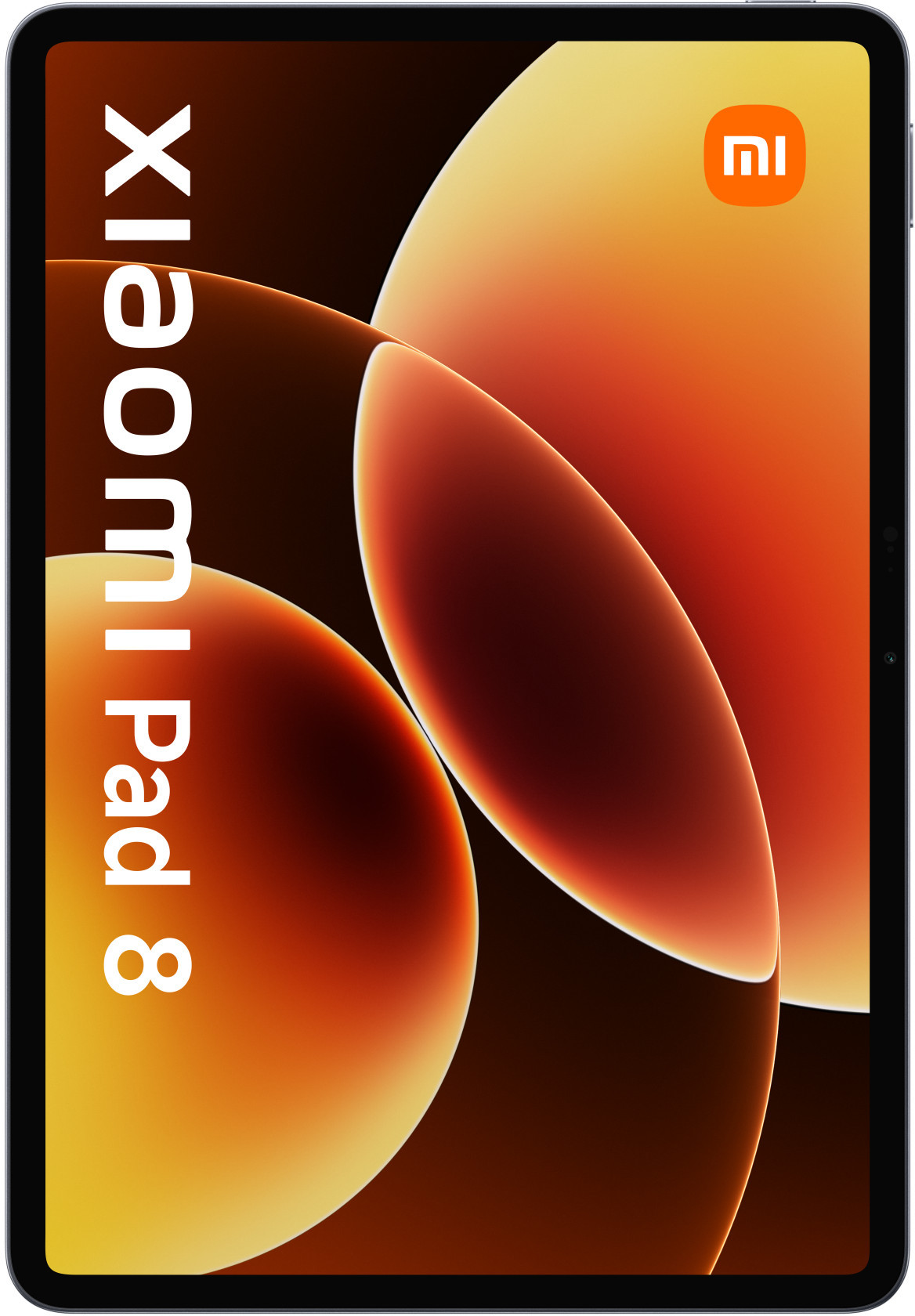 Tablet Xiaomi Pad 8 z pomarańczowym tłem i logo Xiaomi.