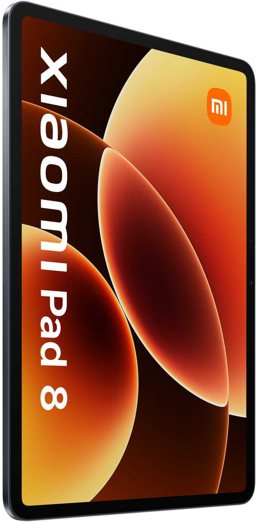 Tablet Xiaomi Pad 8 z pomarańczowym tłem i logo Mi.