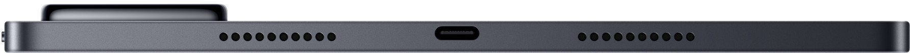 Zbliżenie dolnej krawędzi ciemnego tabletu z portem USB-C i maskownicami głośników.