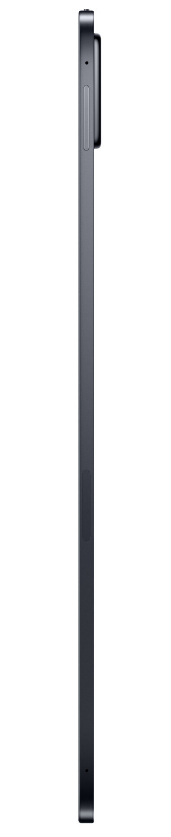 Cienki szary tablet z boku, widoczne przyciski i porty.