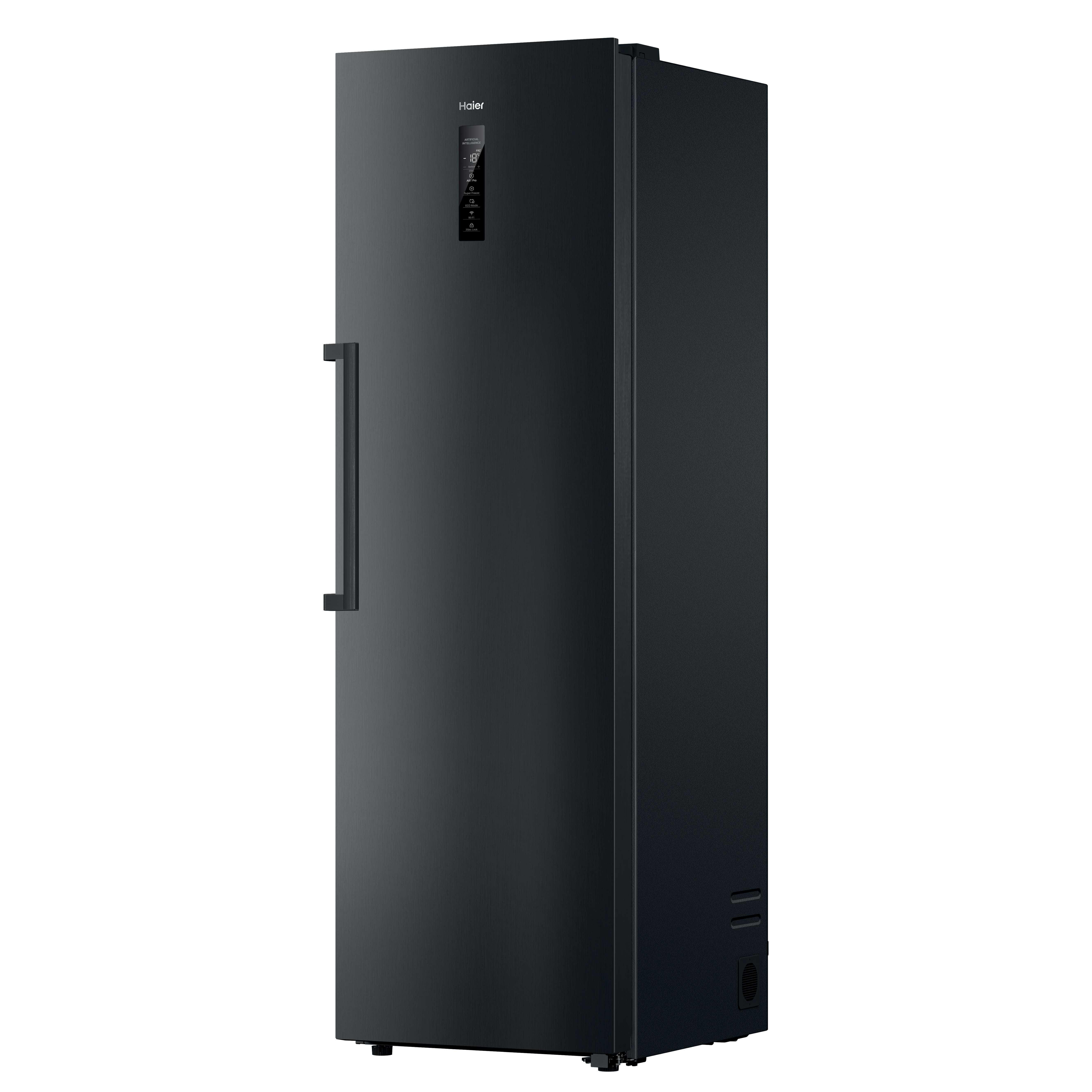 Schwarzer Haier Gefrierschrank mit digitalem Display und Griff.