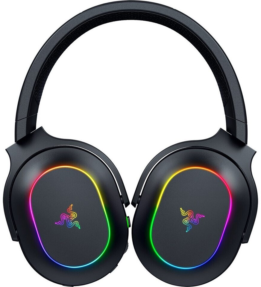 Fekete fejhallgató Razer logóval és színes RGB világítással.