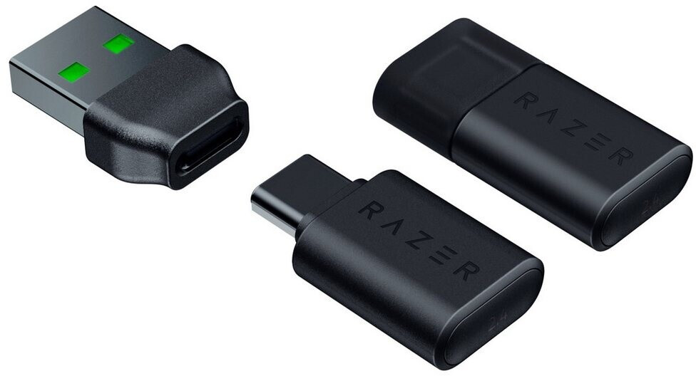 Három fekete Razer USB-C és USB-A adapter fehér háttéren.