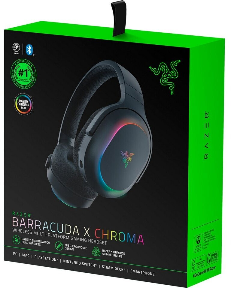 Razer Barracuda X Chroma Gaming Headset fekete dobozon, zöld díszítéssel.