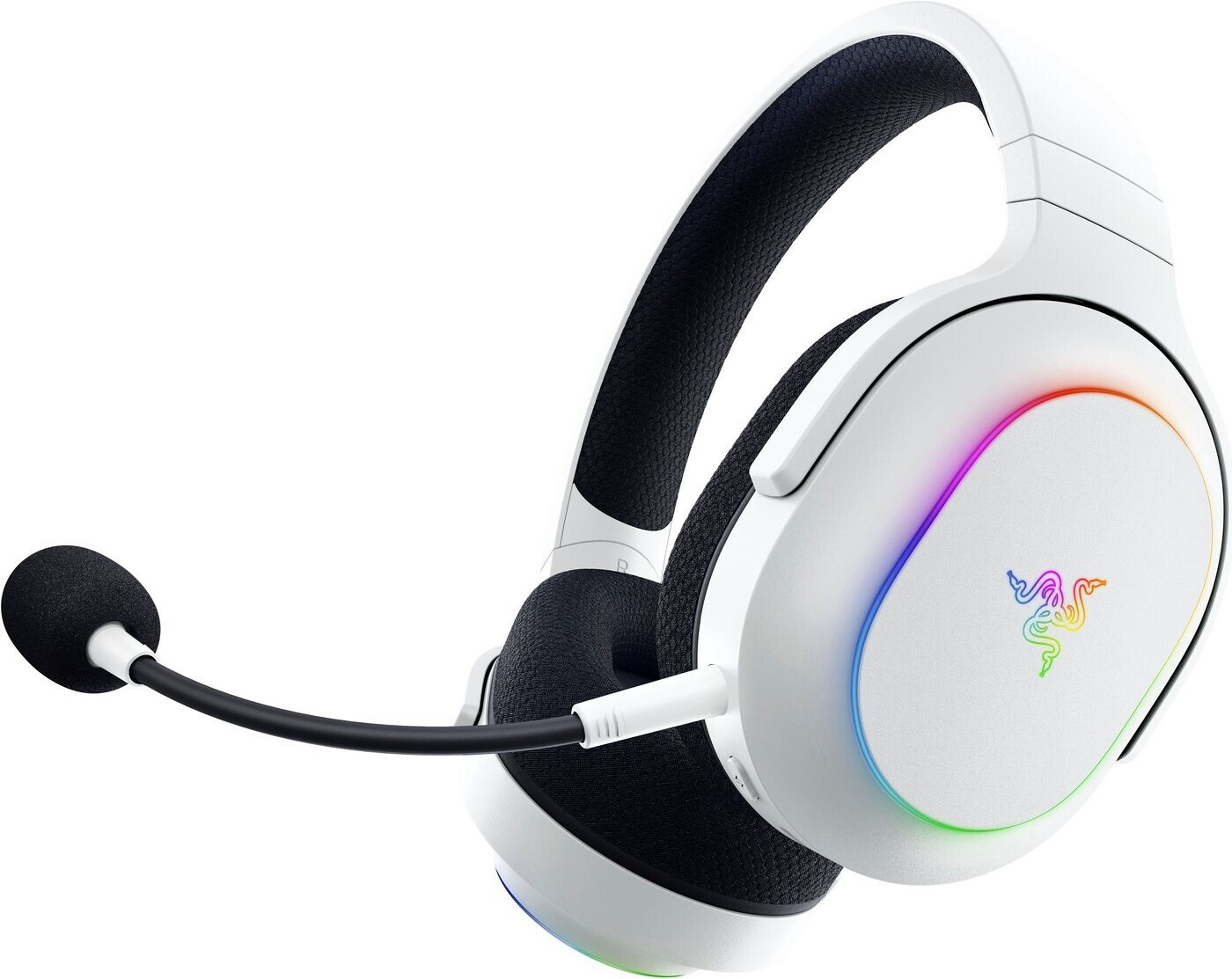 Fehér fejhallgató mikrofonnal, RGB világítással és Razer logóval.