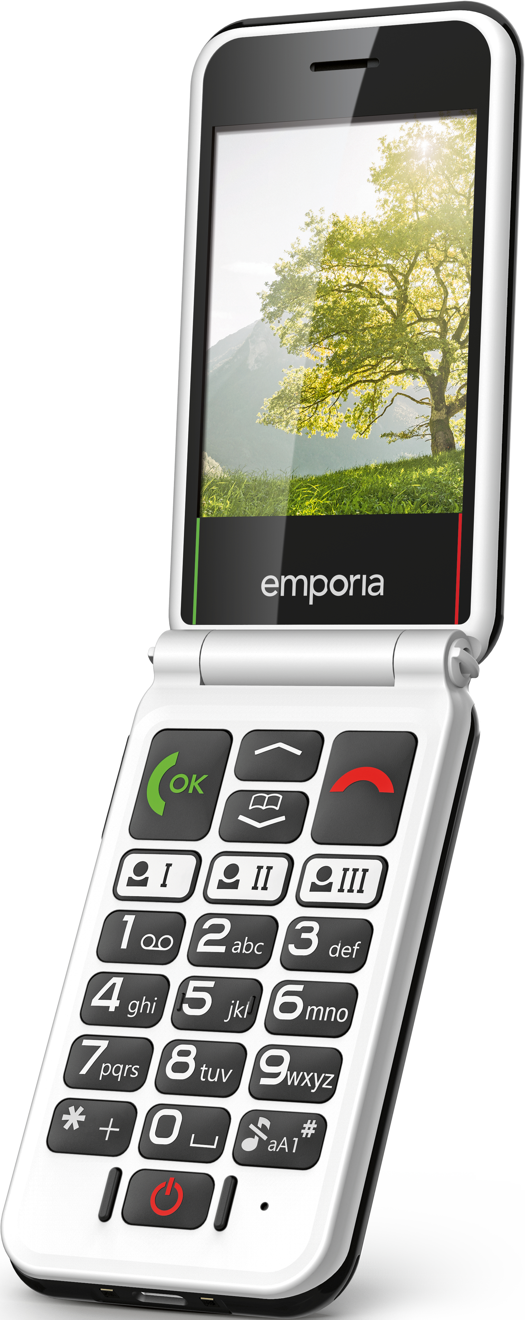 Un téléphone à clapet blanc avec de gros boutons et un écran affichant un arbre.