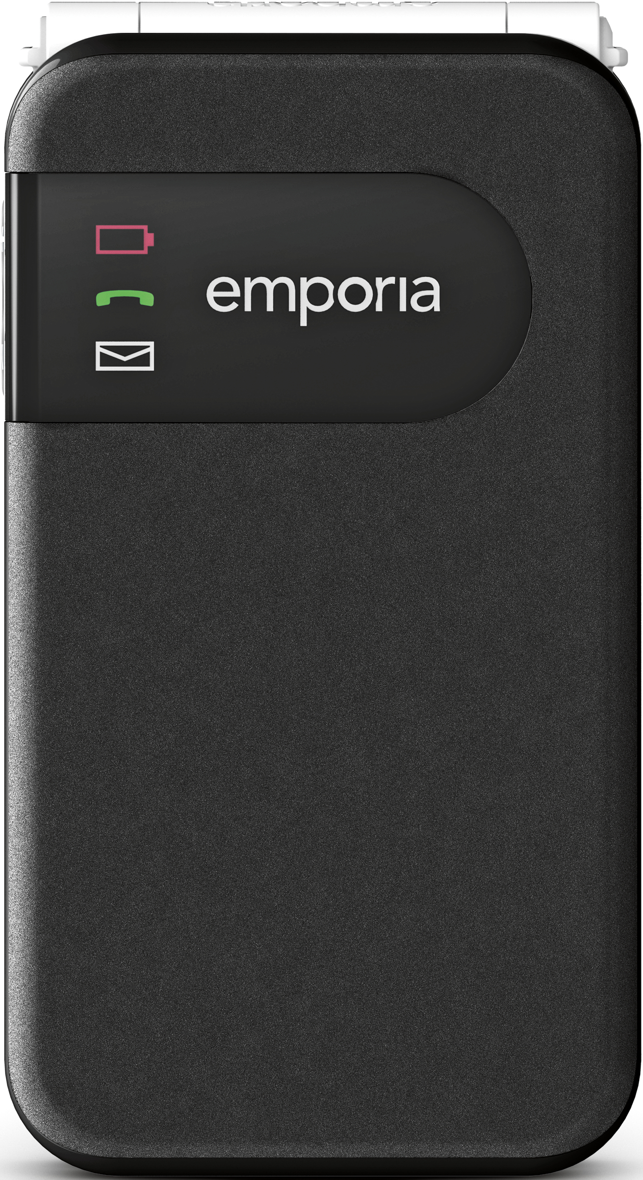 Un appareil Emporia noir montrant les icônes de batterie, téléphone et message.