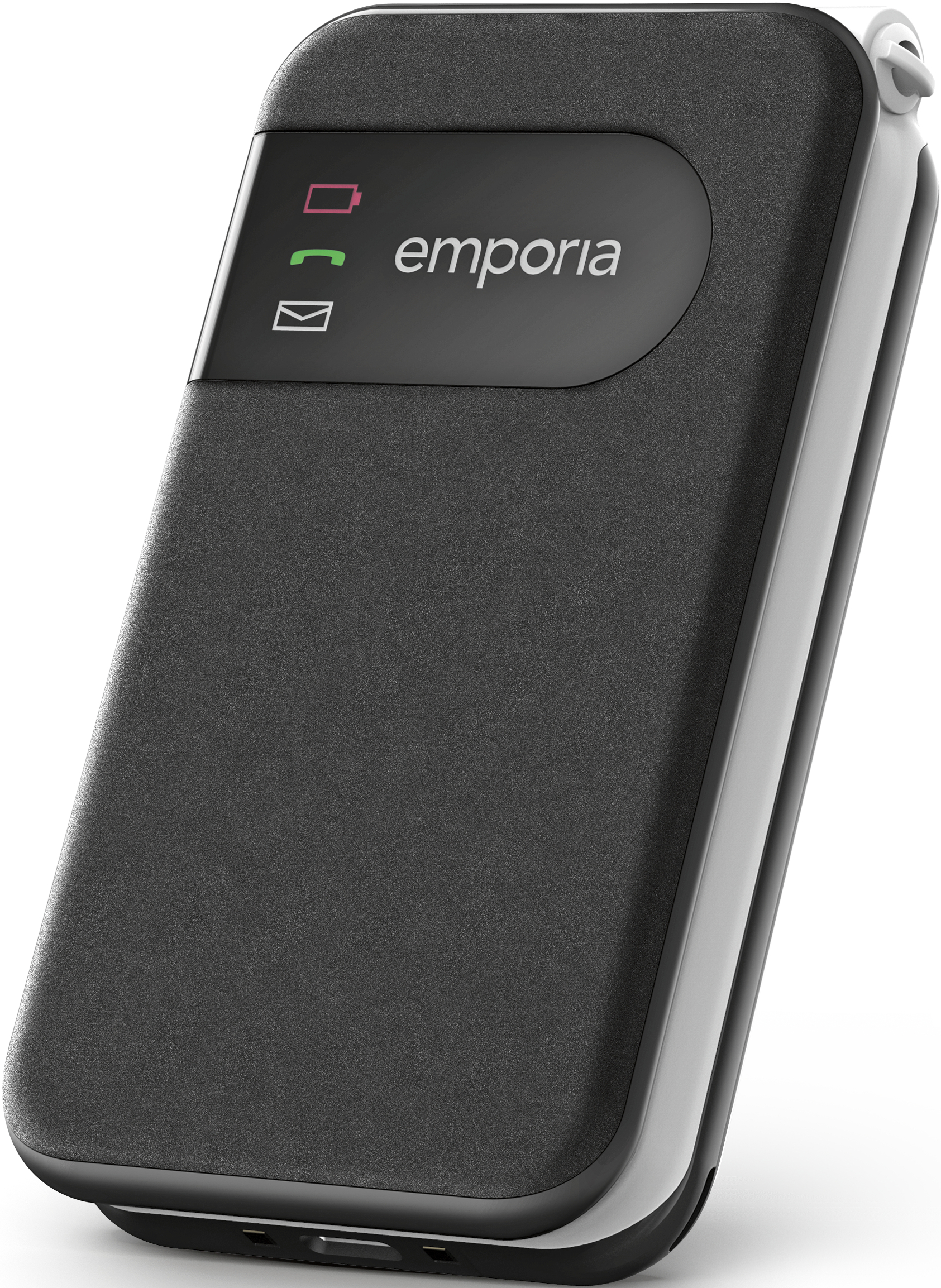 Un téléphone Emporia noir affichant les indicateurs de batterie, d'appel et de message.