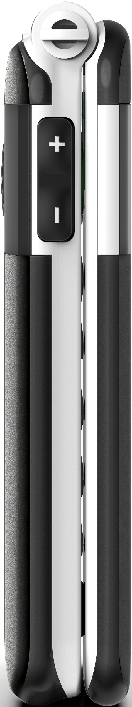 Télécommande noir et blanc avec boutons et poignées texturées.