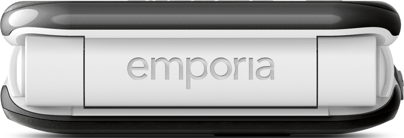 Logo Emporia sur un appareil blanc et gris.