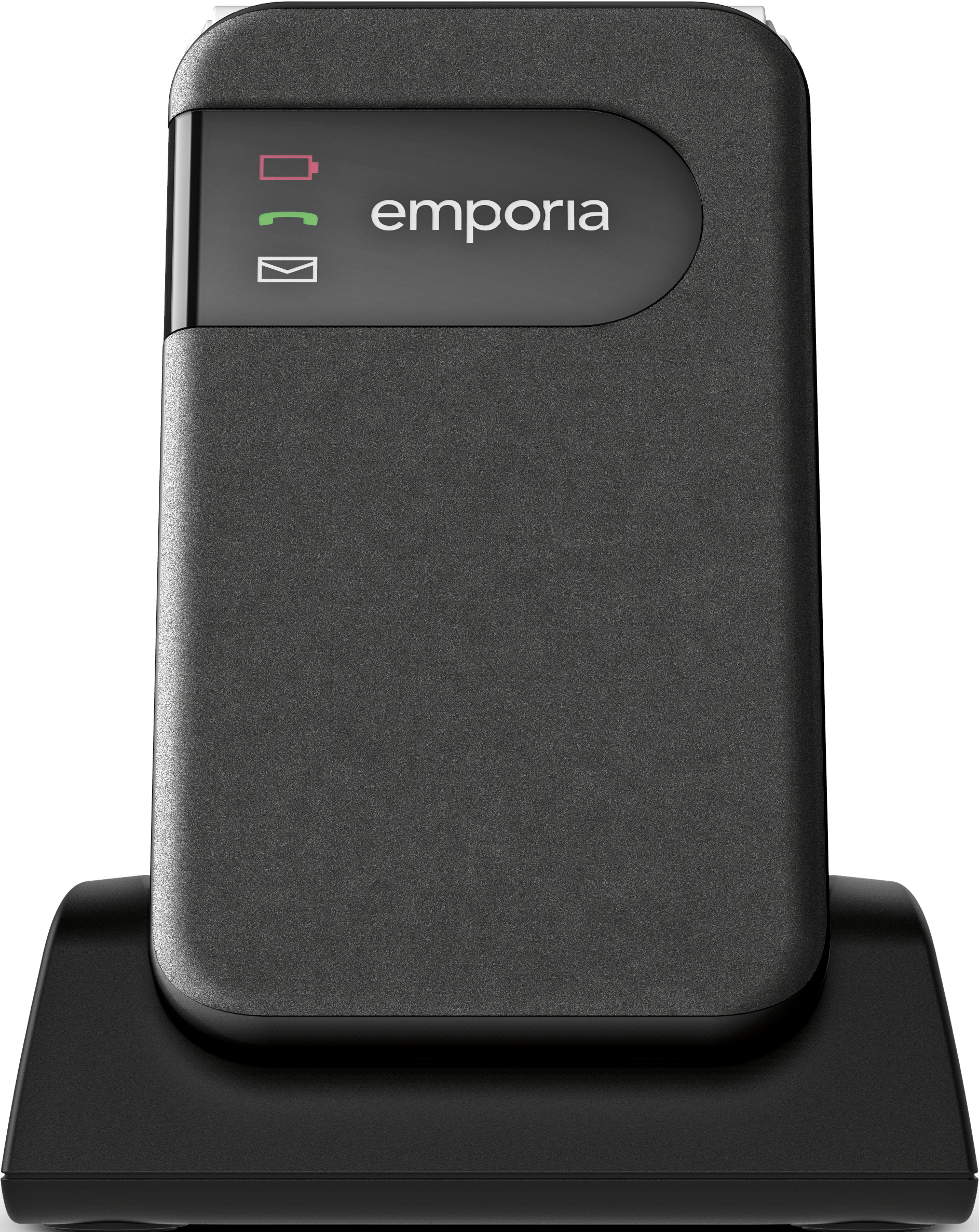 Un chargeur de téléphone Emporia noir affichant des icônes de batterie, d'appel et de courrier.