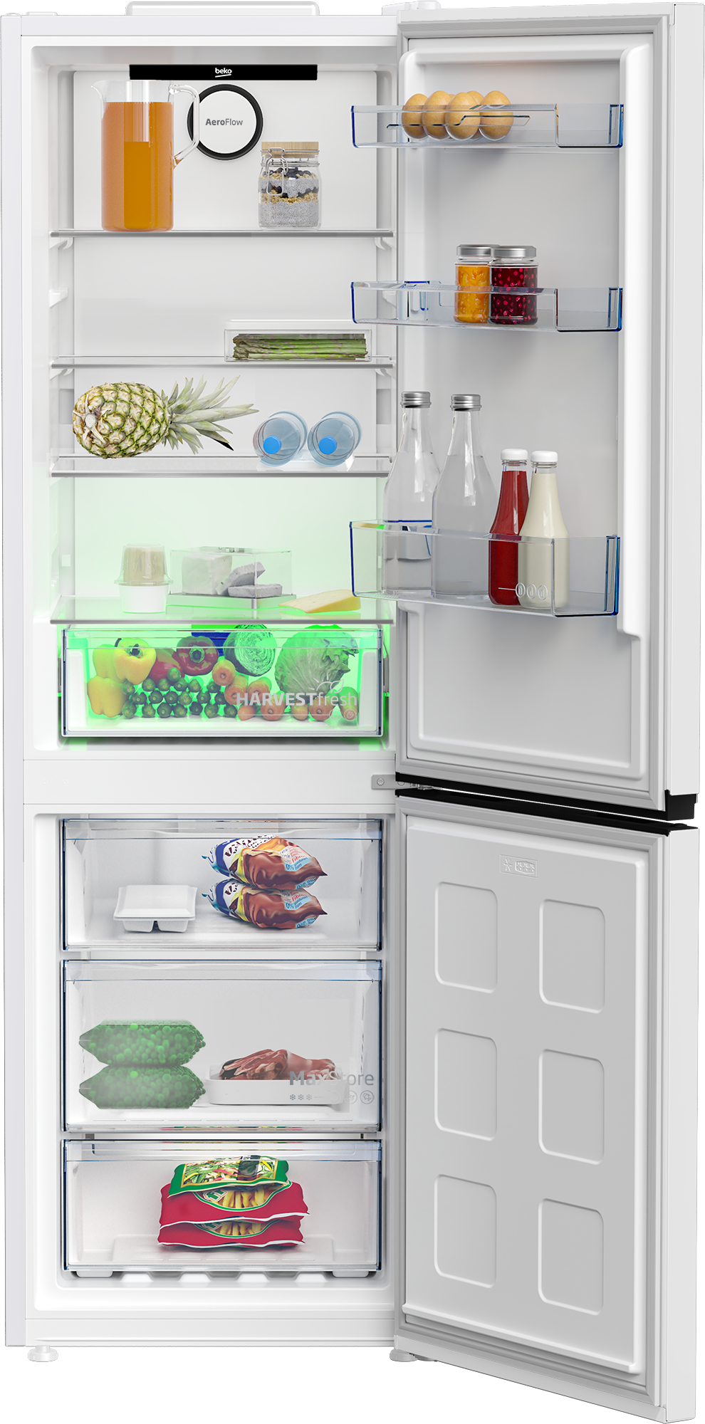 Otwarta lodówka wypełniona jedzeniem, w tym warzywami, owocami, jajkami, napojami i mięsem.