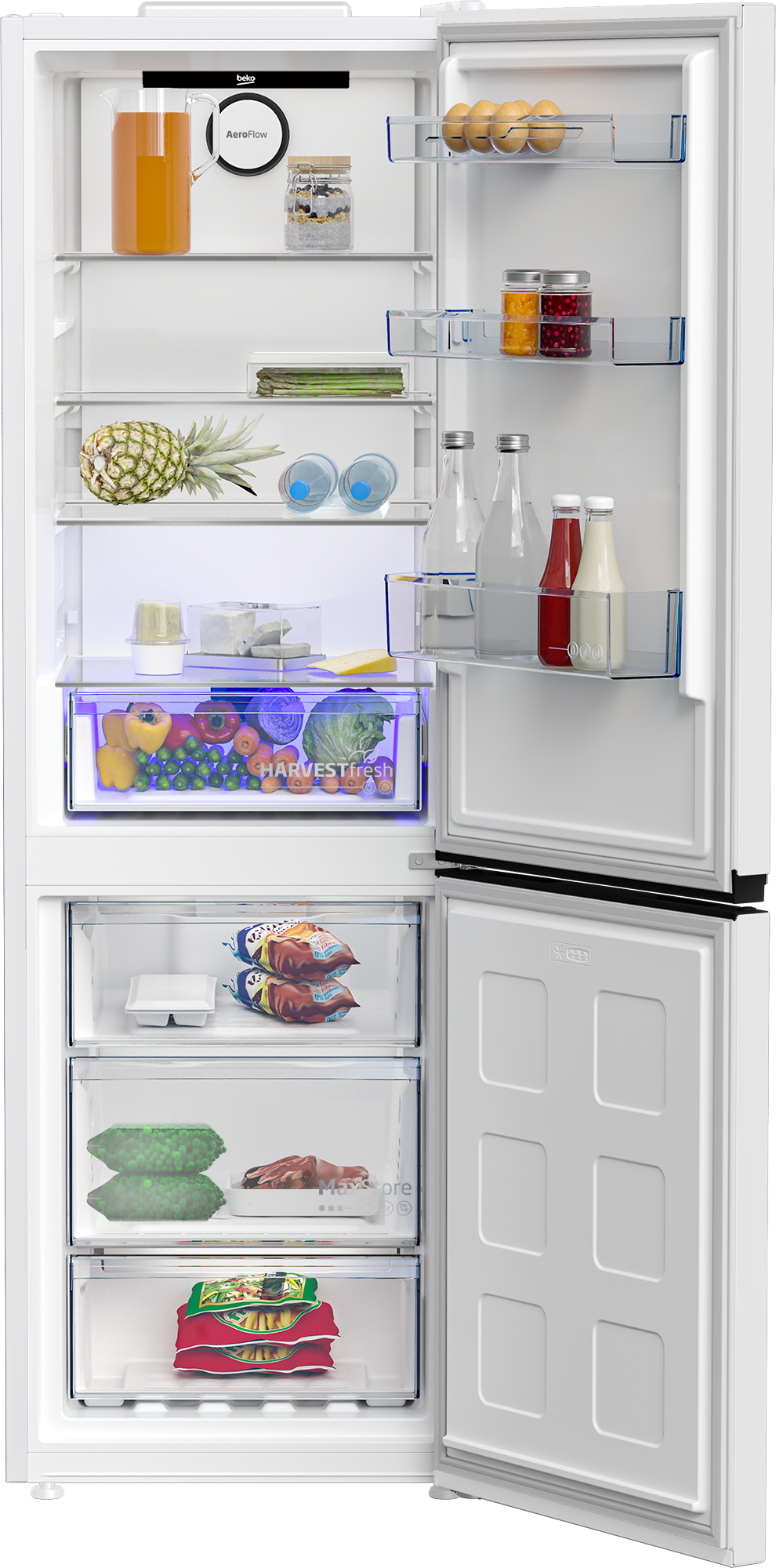 Otwarta lodówka z sokiem, jajkami, warzywami, owocami, butelkami i mrożonkami.