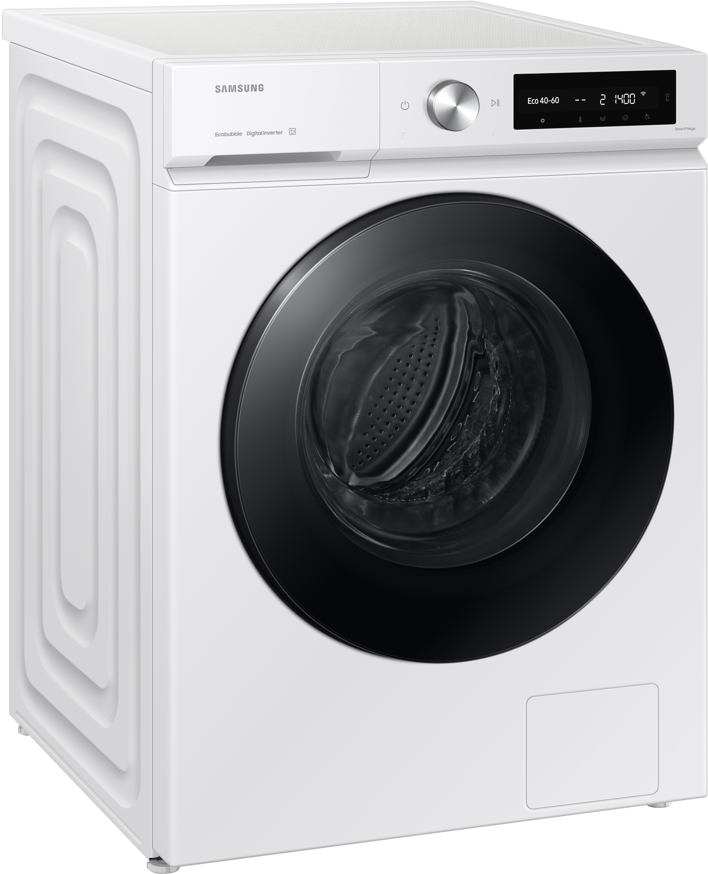 Weiße Samsung Waschmaschine mit schwarzer Tür und Bedienfeld.