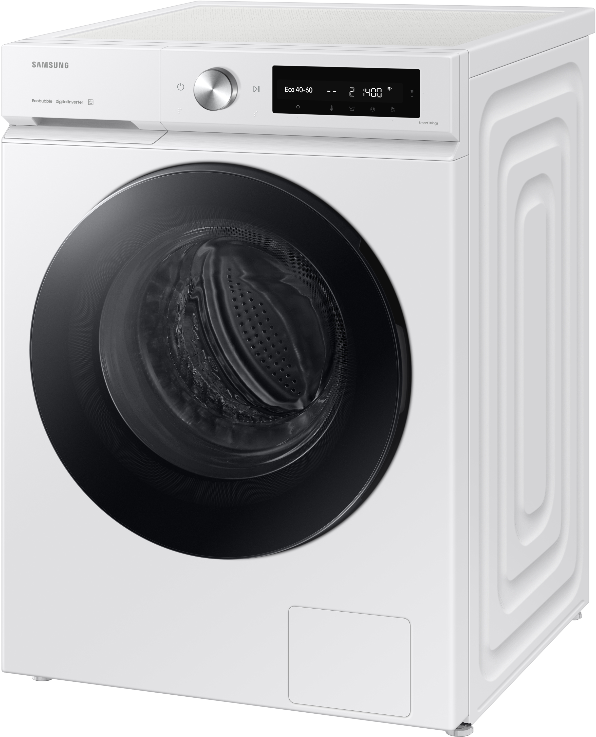 Weiße Samsung Waschmaschine mit digitalem Display und runder Tür.
