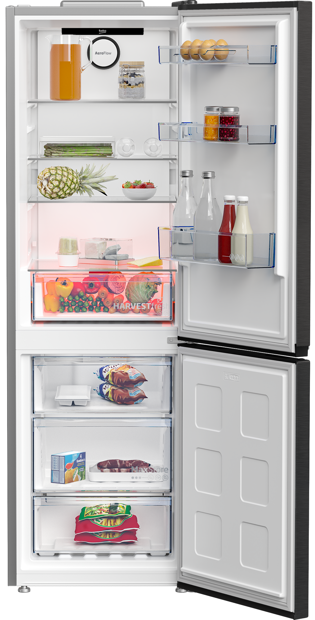 Otwarta lodówka z sokiem, owocami, warzywami, jajkami, mięsem i mrożonkami.