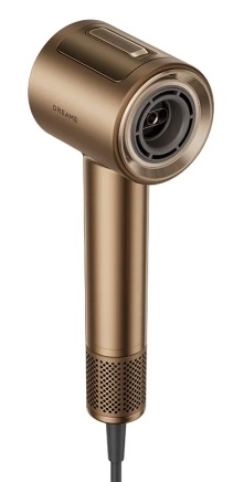 Brązowa suszarka do włosów z cylindrycznym uchwytem i okrągłą głowicą.