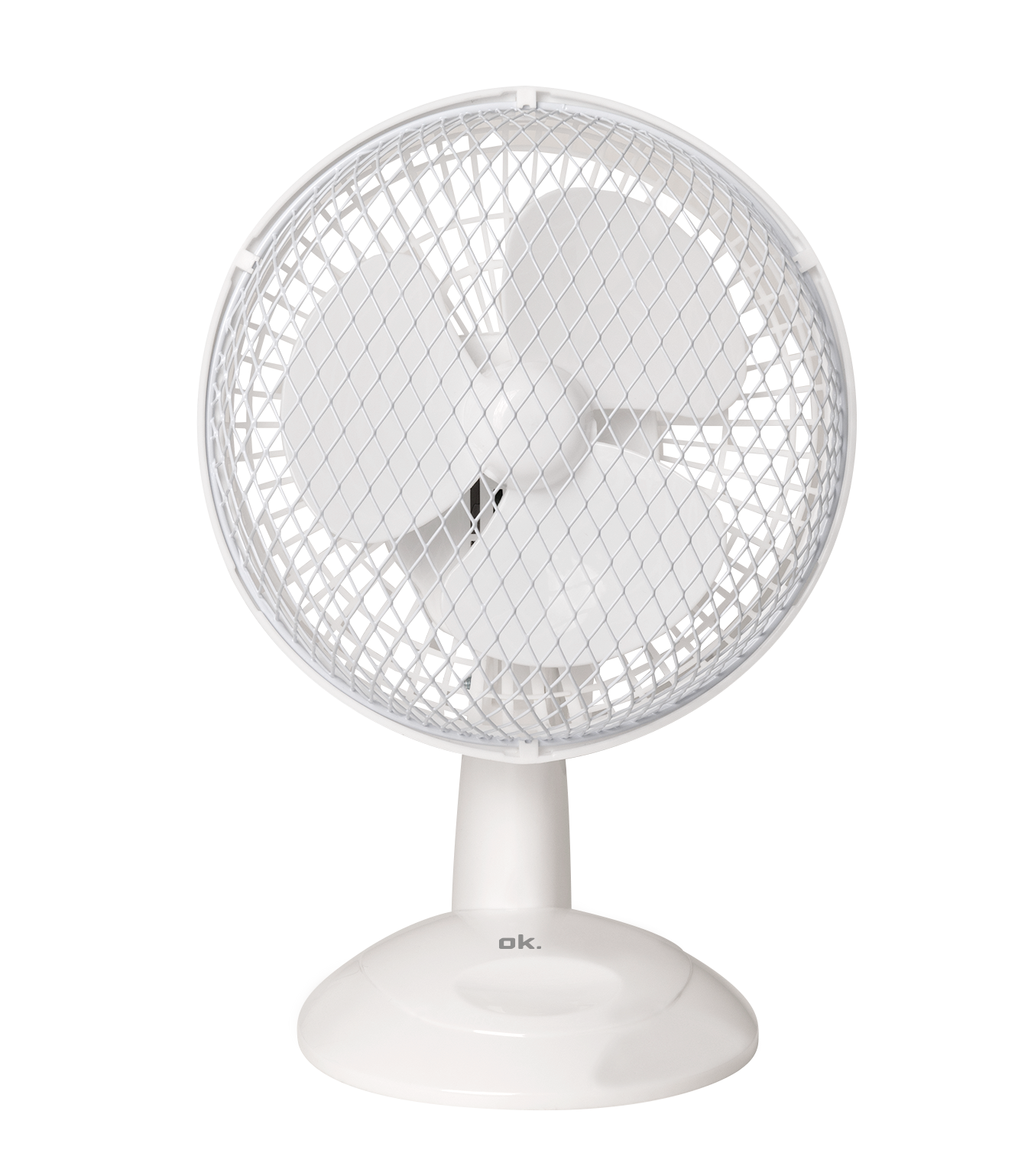 Biały wentylator stołowy z trzema łopatkami i kratką ochronną.