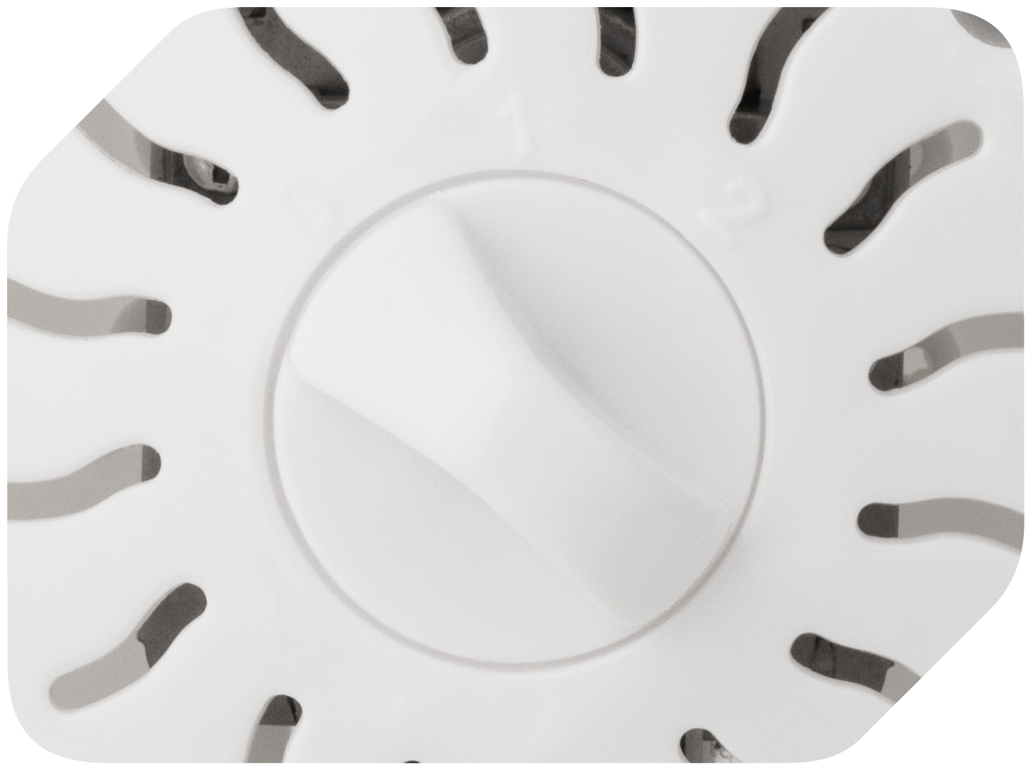 Biały pokrętło z nacięciami i cyframi 0, 1, 2.