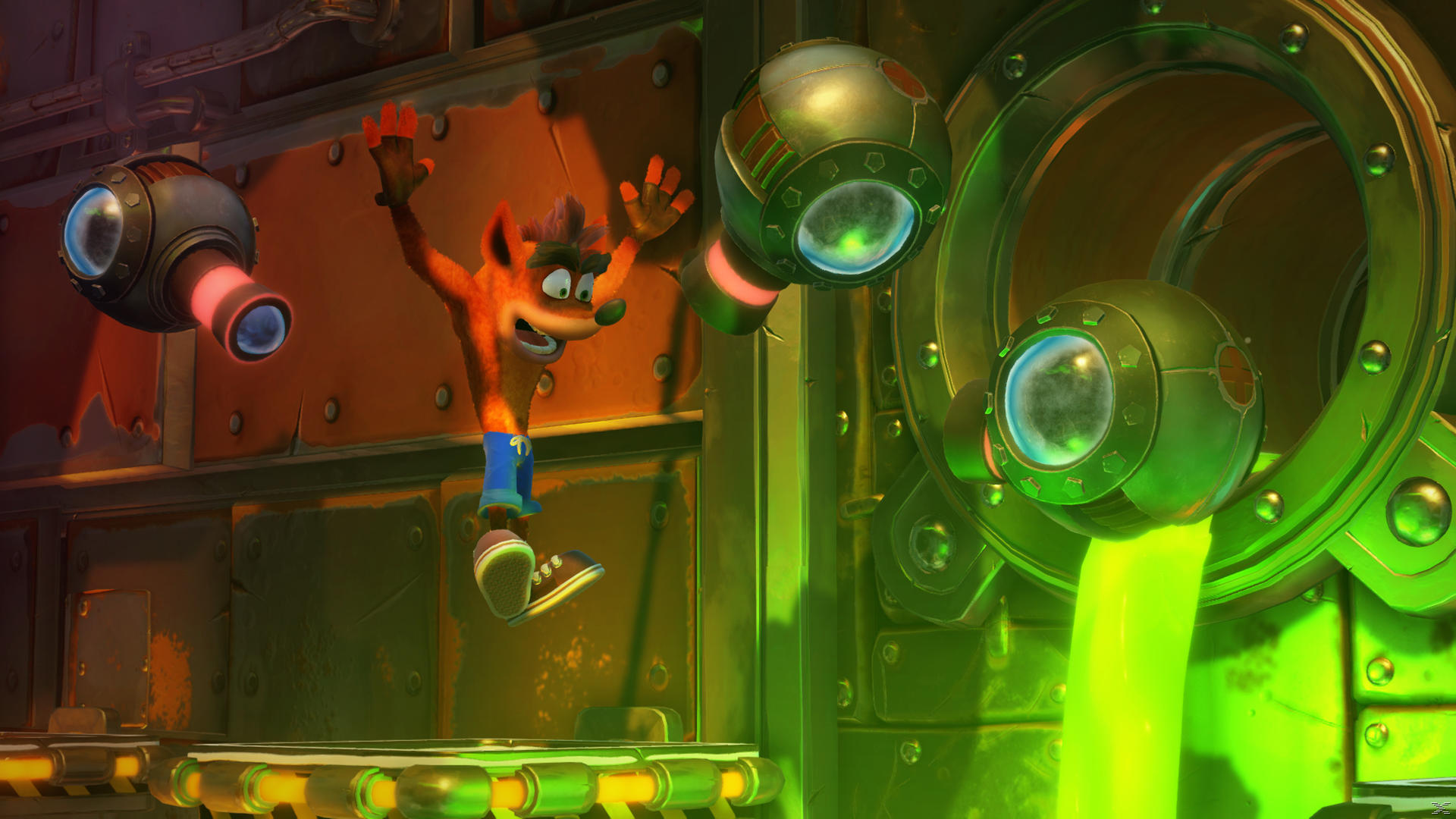 Crash Bandicoot skacze obok rur emitujących zielony płyn. Otaczają go metalowe rury i zębatki.