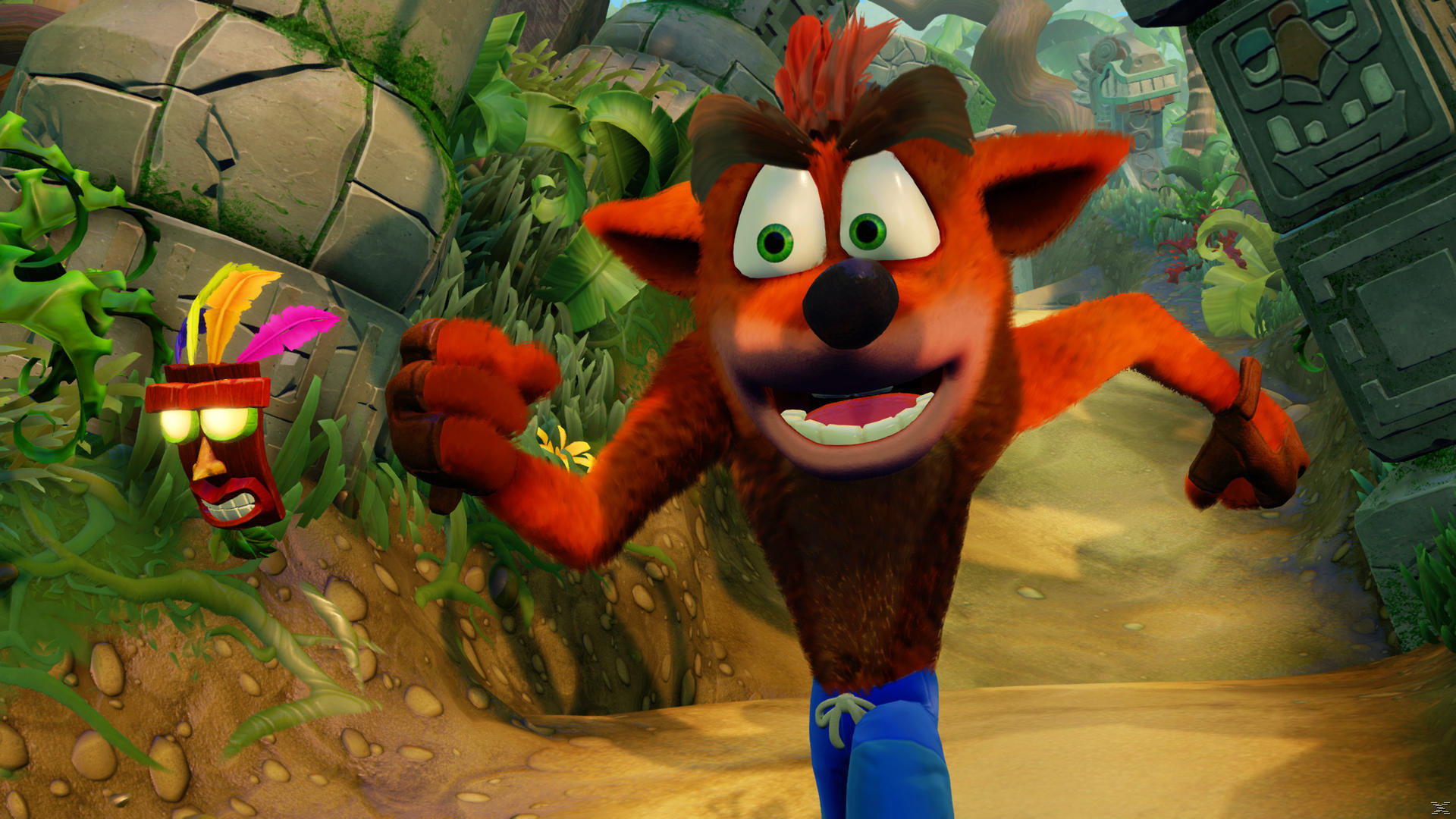 Crash Bandicoot biegnie do przodu, obok maski z piórami.