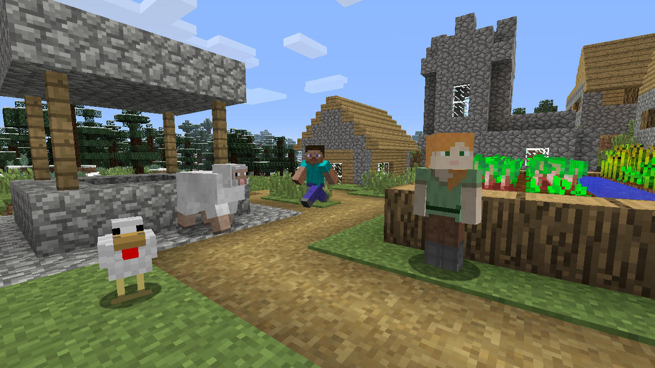 Scena Minecraft ze Steve'em, Alex, kurczakiem, owcą, studnią i budynkami wioski.