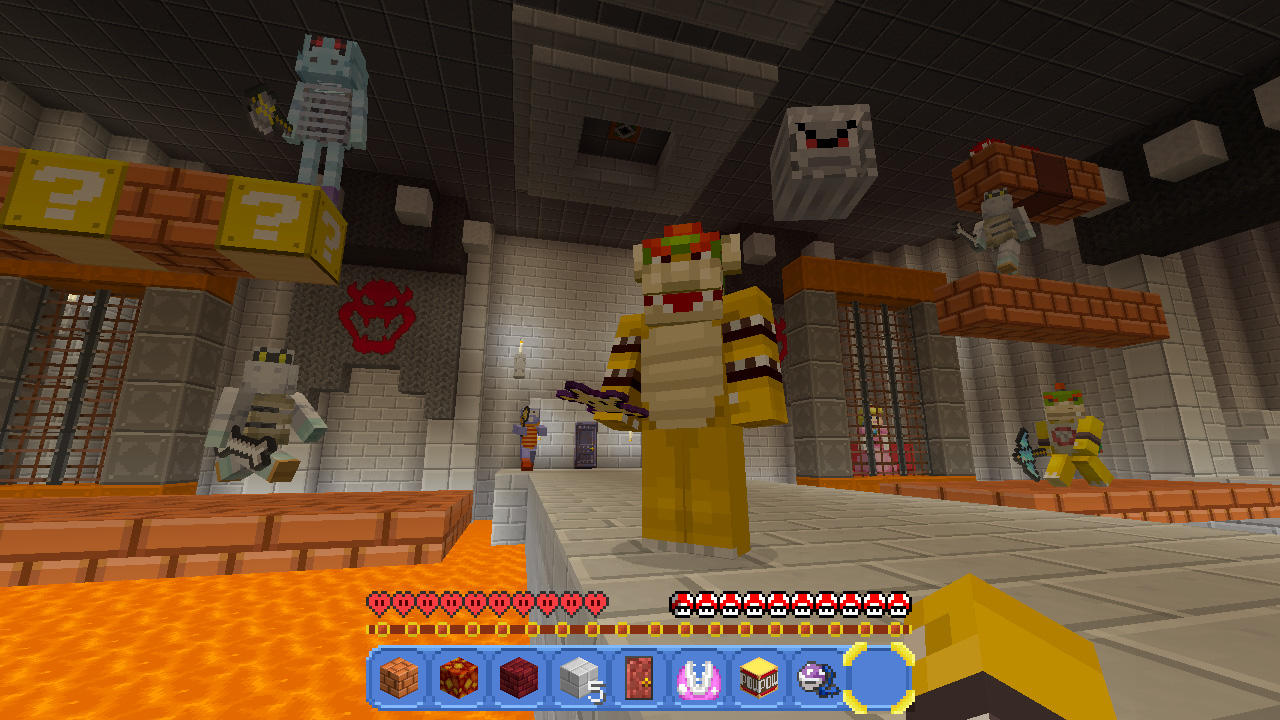 Pixelowy Bowser stoi na platformie nad lawą, otoczony postaciami z Mario.