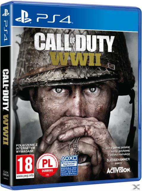Okładka gry Call of Duty WWII PS4 z żołnierzem w hełmie i oznaczeniem wiekowym '18'.
