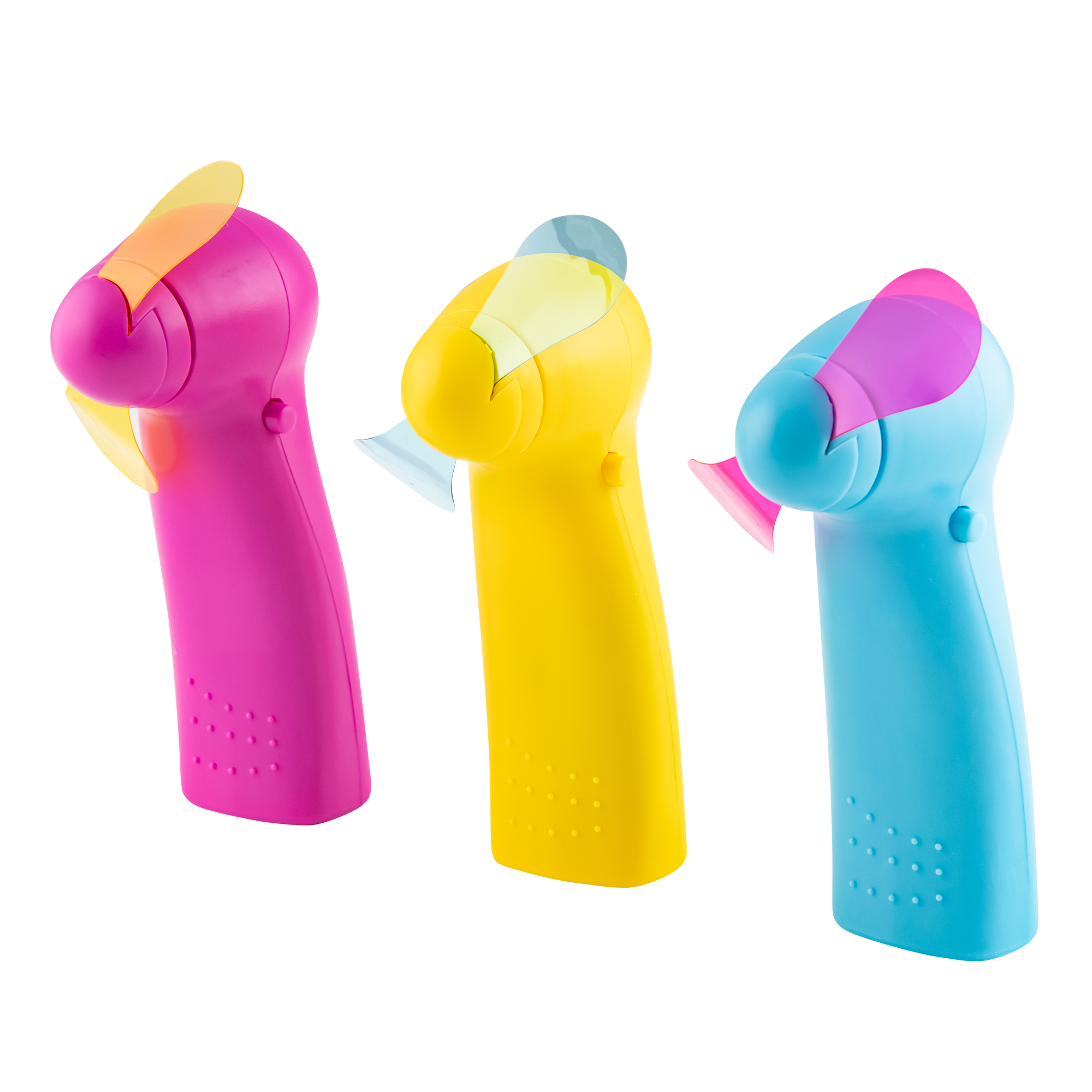 Trzy kolorowe wiatraczki ręczne: różowy, żółty i niebieski z półprzezroczystymi łopatkami.