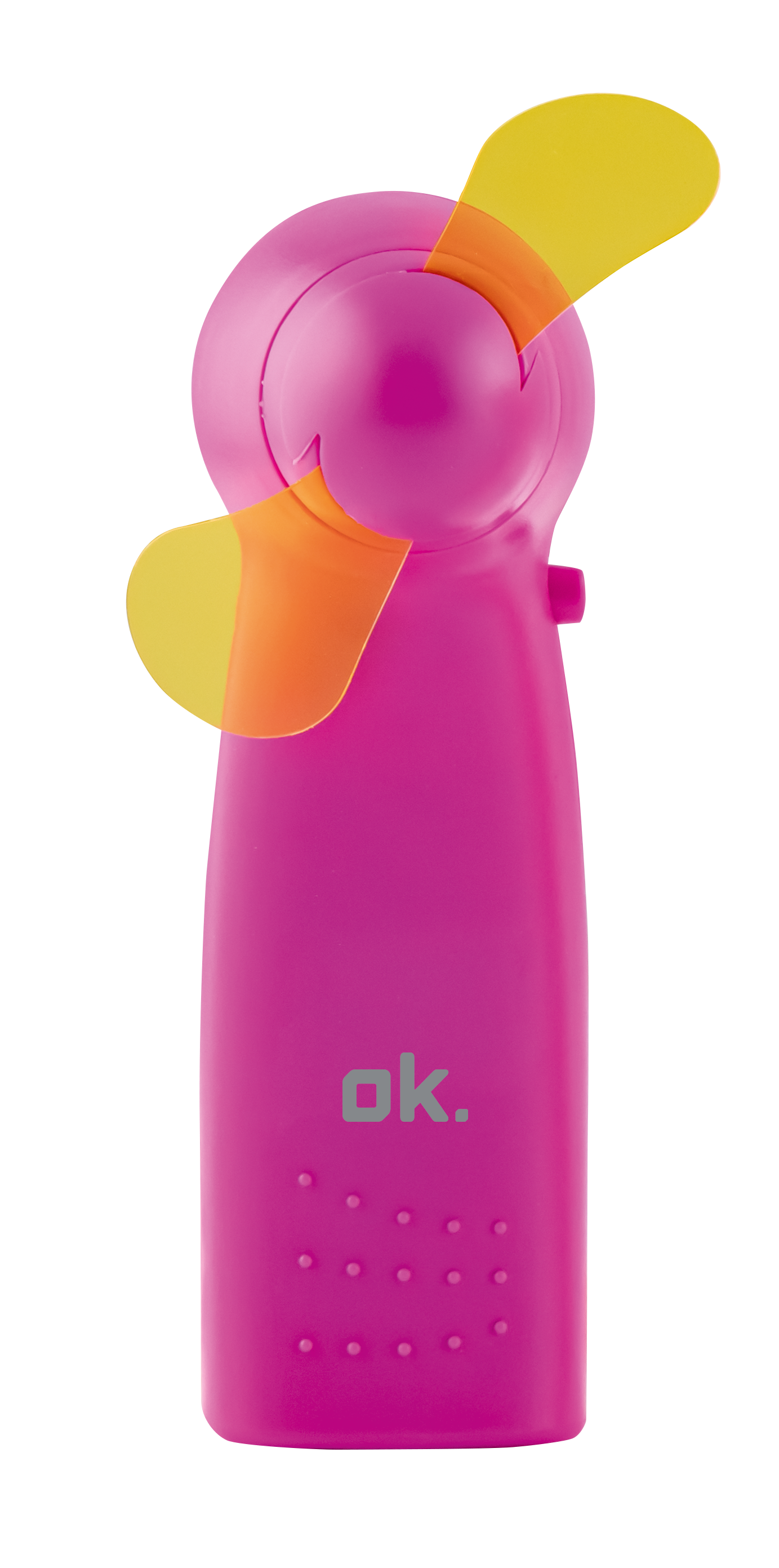 Mały, różowy wiatrak z żółtymi i pomarańczowymi łopatkami. Widoczne jest logo 'ok.'
