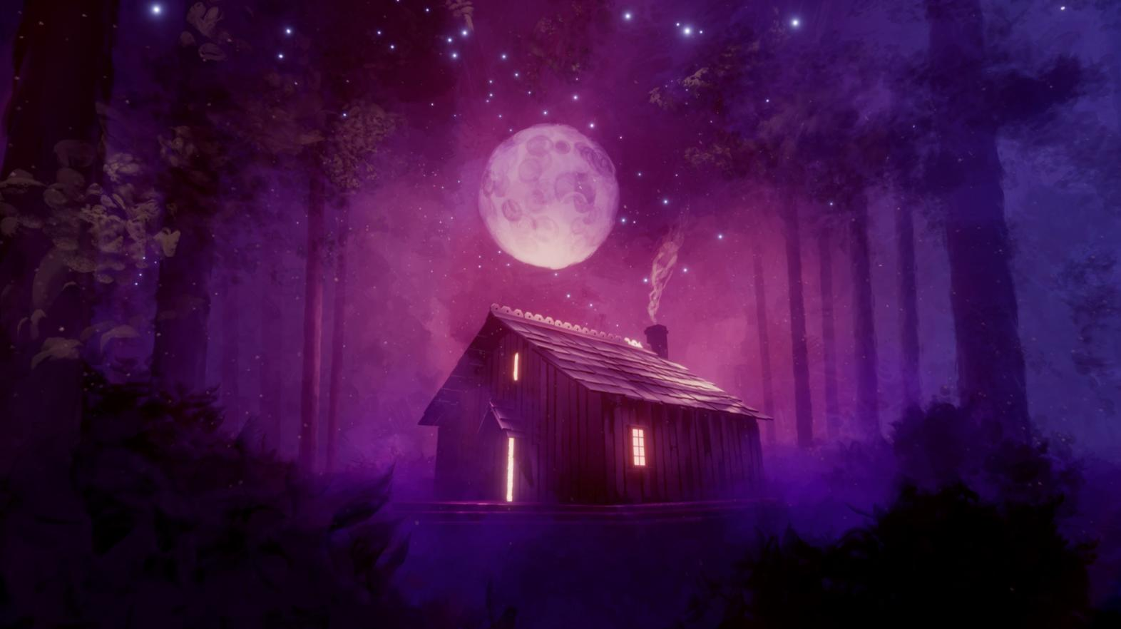 Drewniana chata w fioletowym lesie pod pełnią księżyca i gwiazdami.
