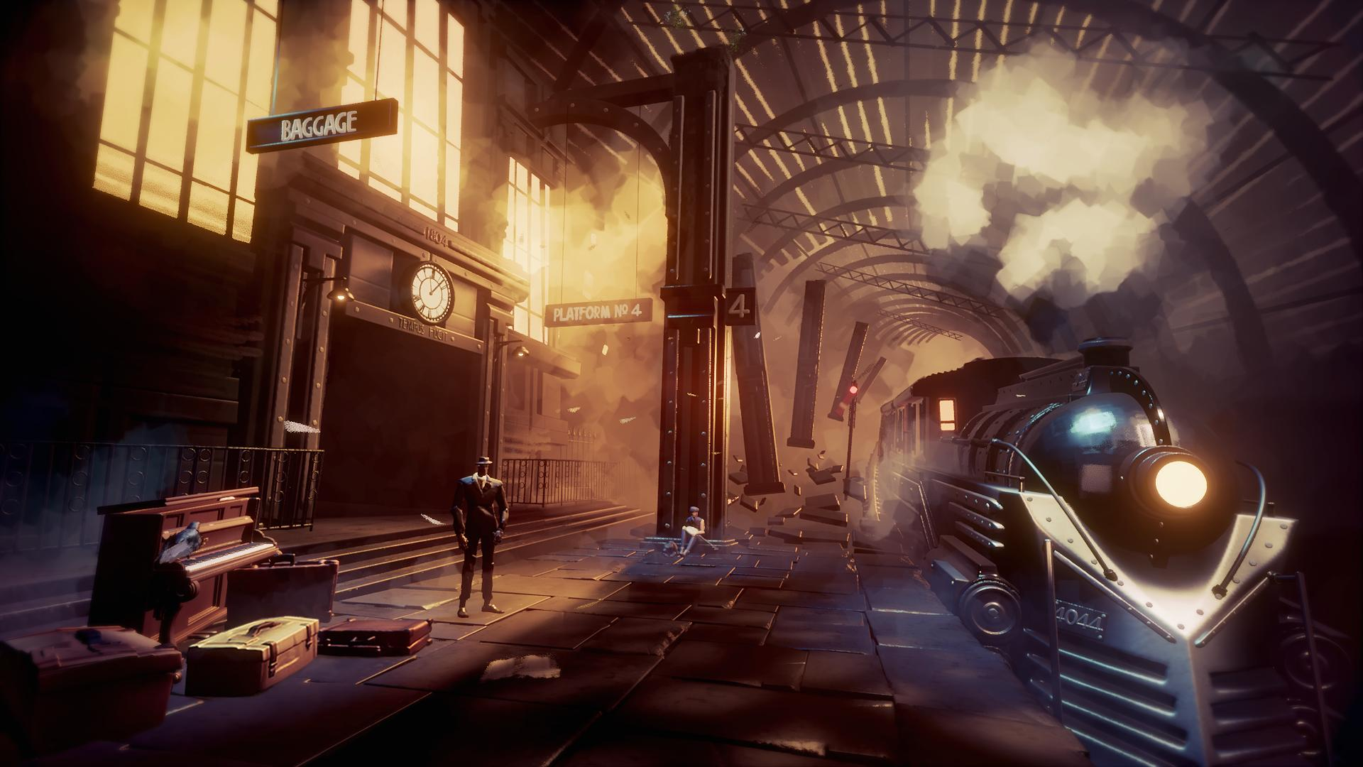 Parowóz wjeżdża na stację, gdzie stoi mężczyzna i pianino.