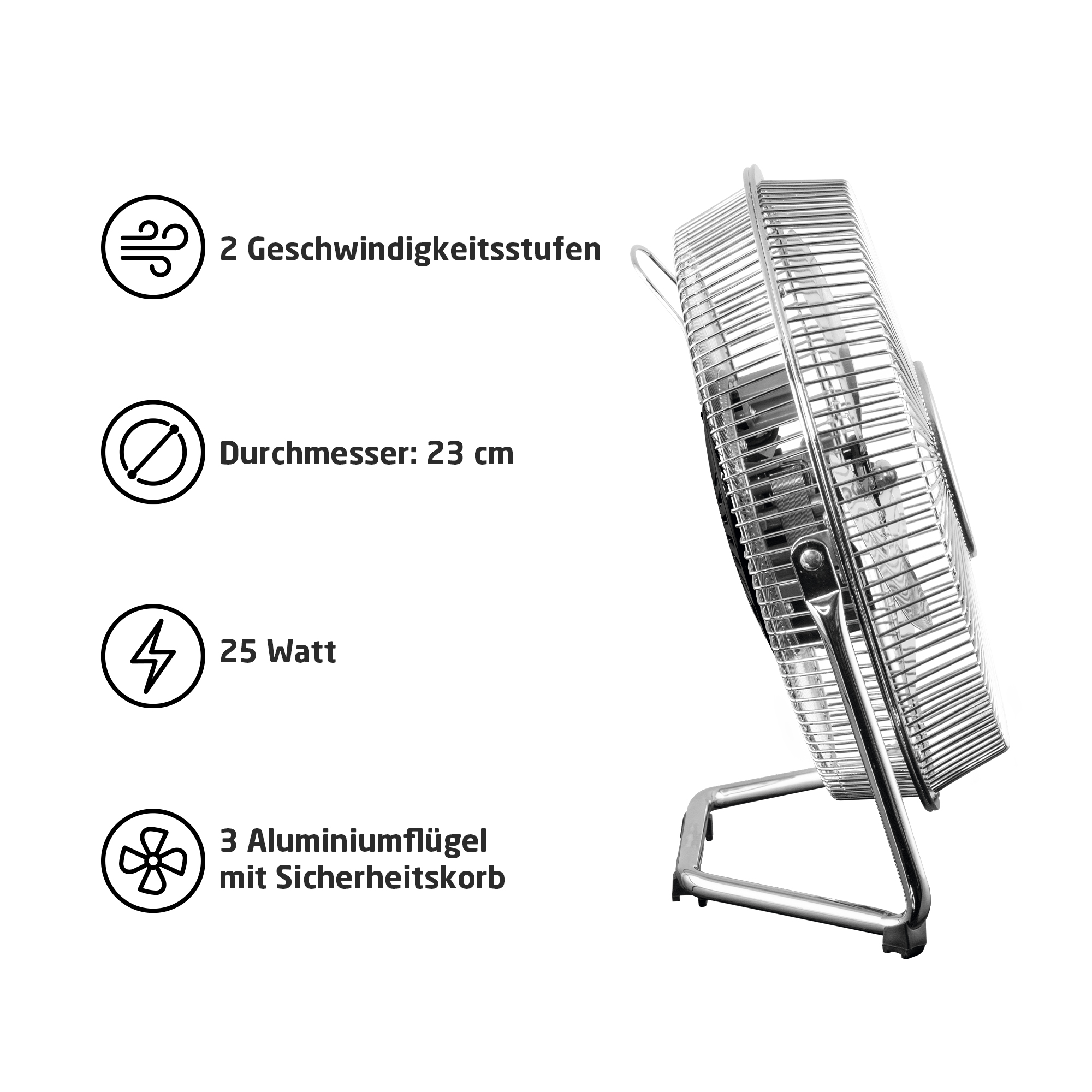 Chromowany wentylator 2-biegowy, średnica 23 cm, 25 watów.