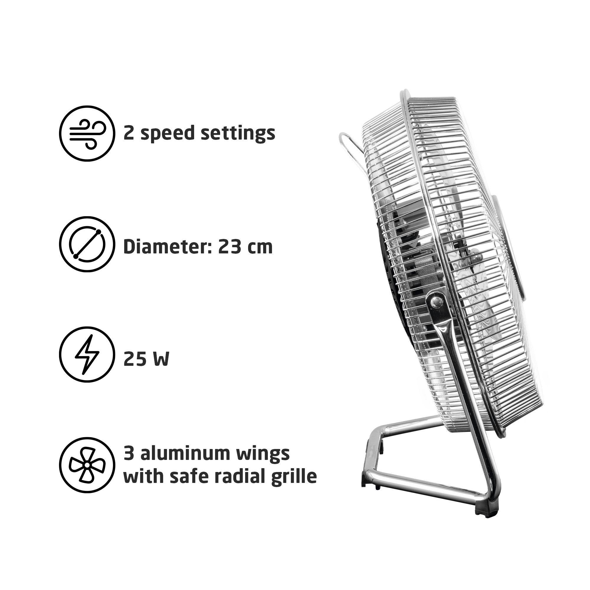 Metalowy wentylator z 3 łopatkami na stojaku. Wymieniono specyfikacje.