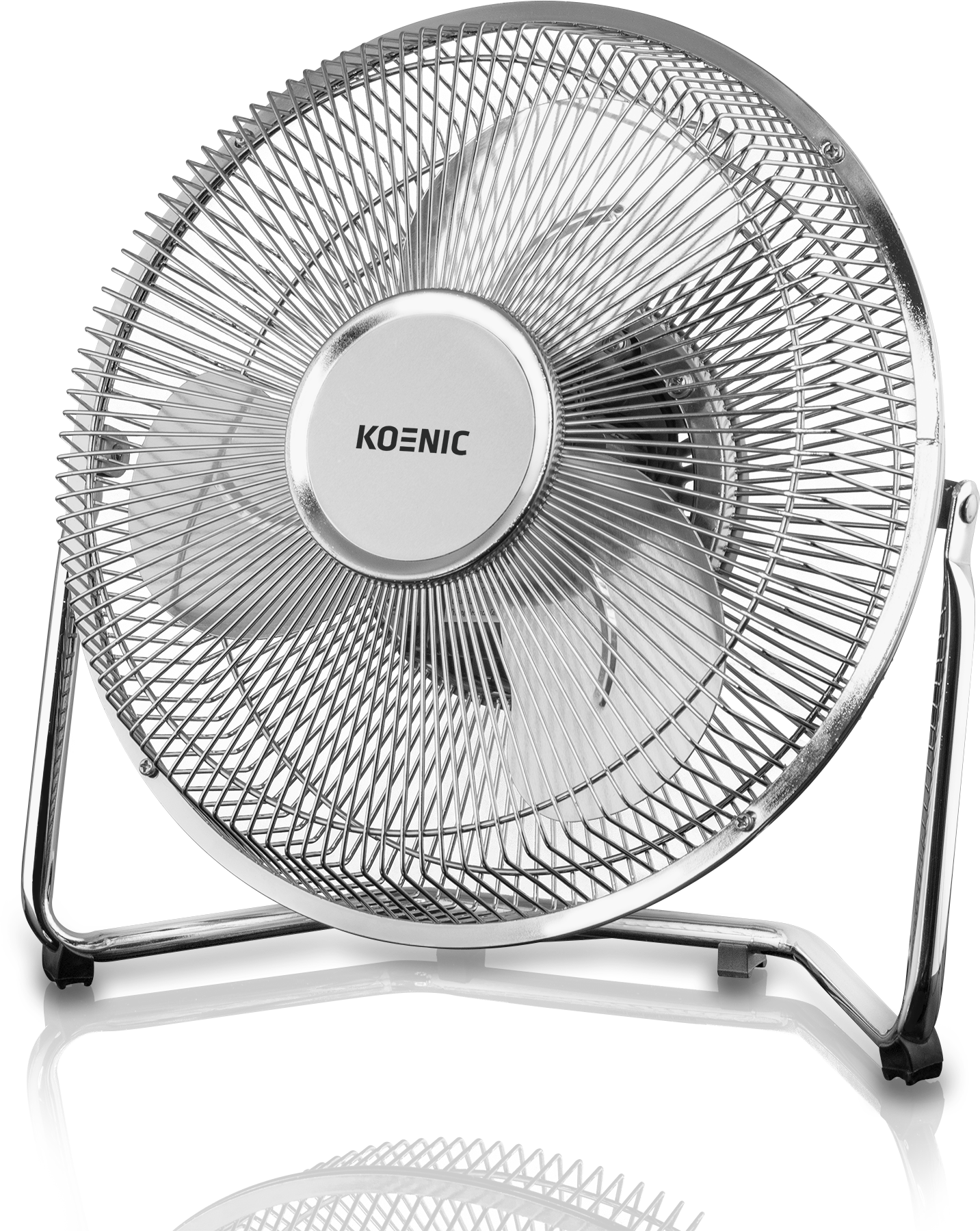 Srebrny wentylator stołowy z metalową kratką i logo Koenic.