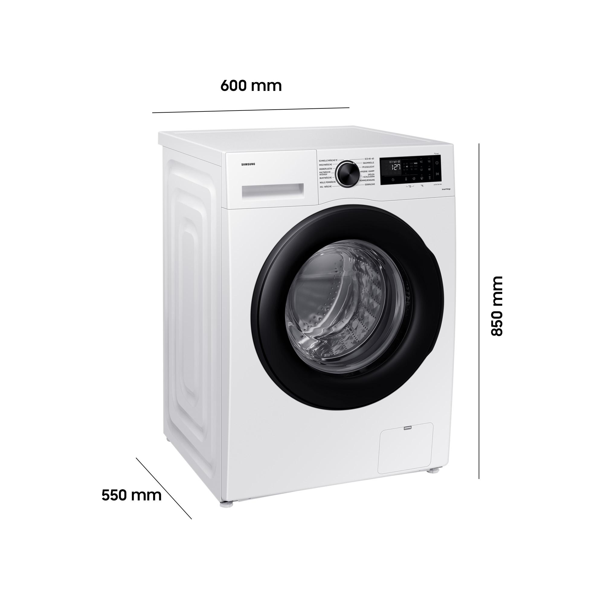 Weiße Samsung Waschmaschine mit schwarzer Tür und Bedienfeld. Maße: 60x55x85cm.