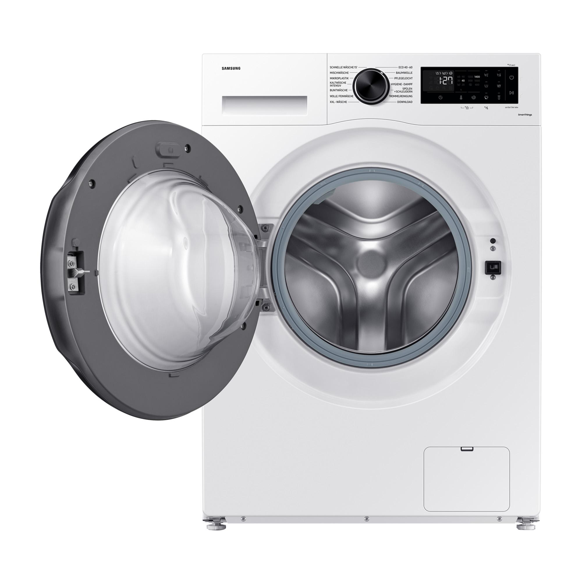 Weiße Samsung Waschmaschine mit geöffneter Tür und silbernem Bullauge. Bedienfeld mit Display.
