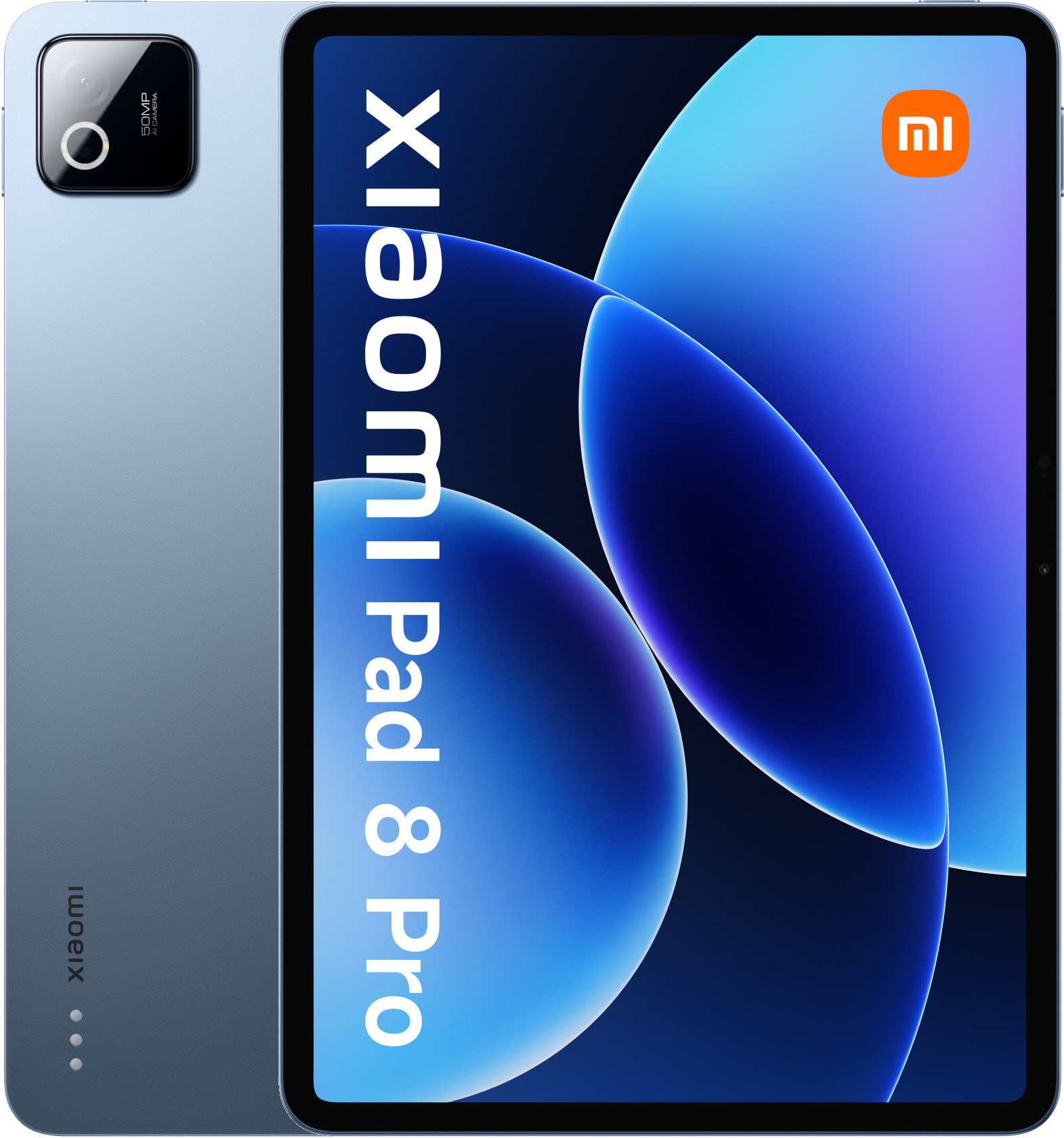 Niebieski tablet Xiaomi Pad 8 Pro z aparatem 50MP i niebieską tapetą.