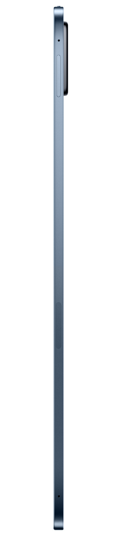 Boczny widok niebieskiego smartfona z aparatami i przyciskami na białym.